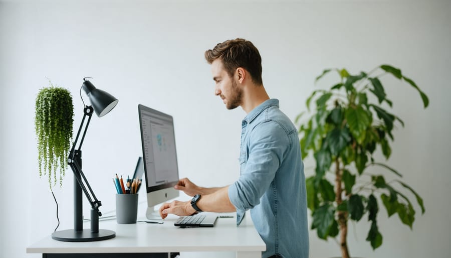 Office worker performing basic stretching exercises at an ergonomic standing desk setup