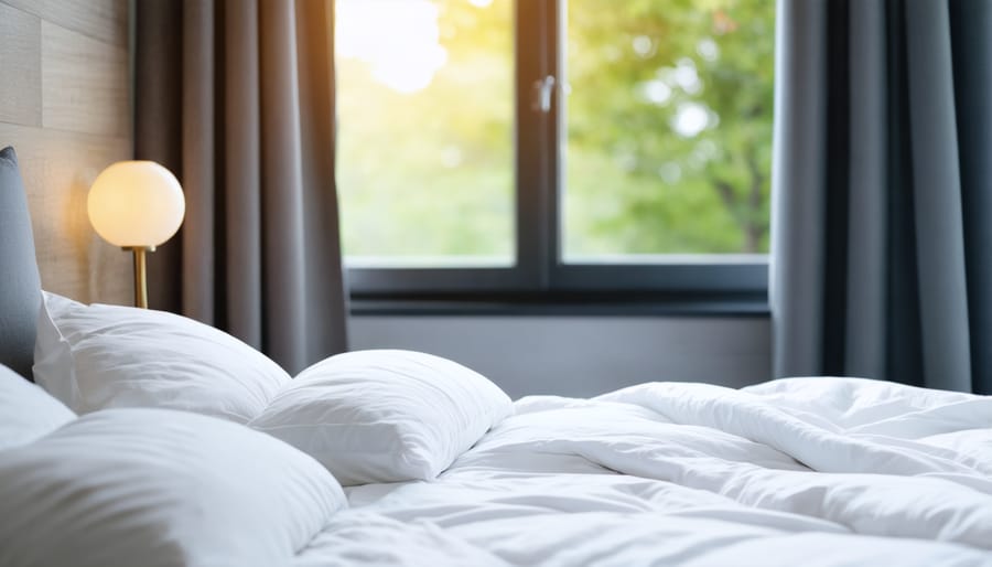 Bedroom setup showing optimal sleep environment with blackout curtains, appropriate lighting, and clutter-free space