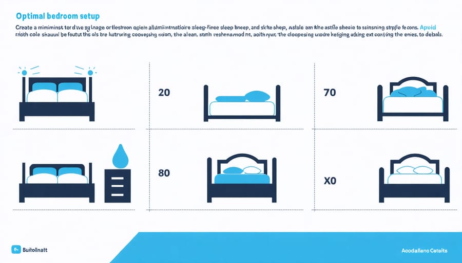 Illustrated guide to ideal bedroom conditions including temperature, lighting, and bed position