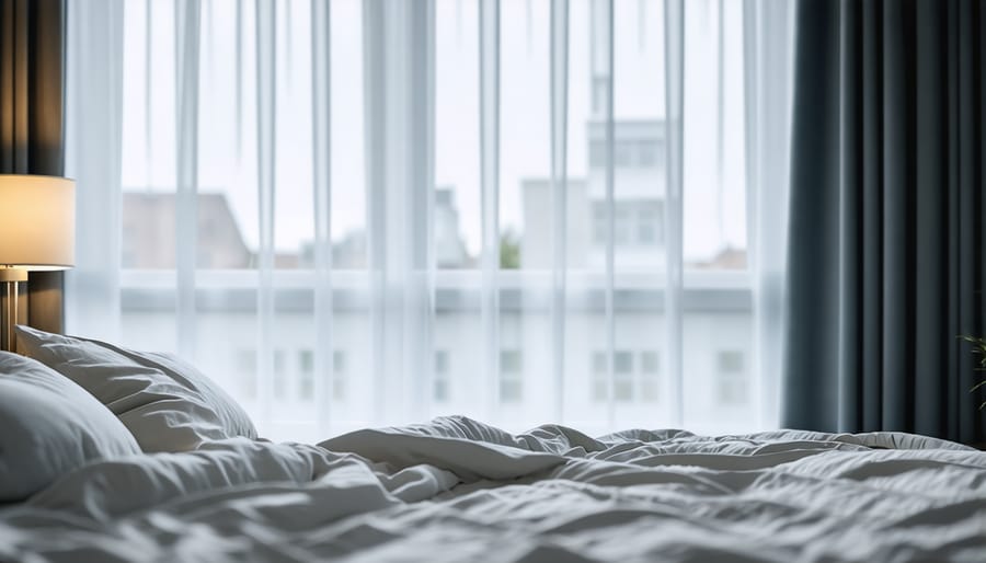 Peaceful bedroom setup demonstrating ideal sleep environment with temperature control and lighting