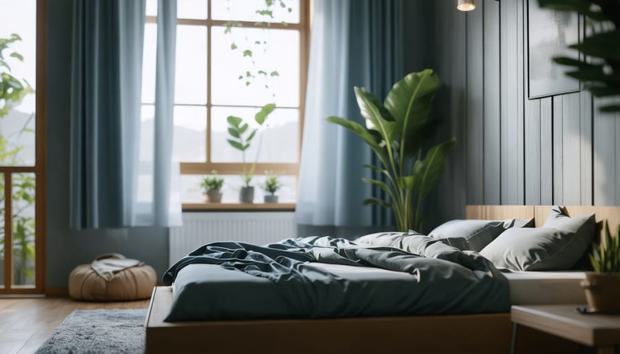 Peaceful bedroom setting with dim lighting, blackout curtains, and clutter-free surfaces demonstrating ideal sleep environment