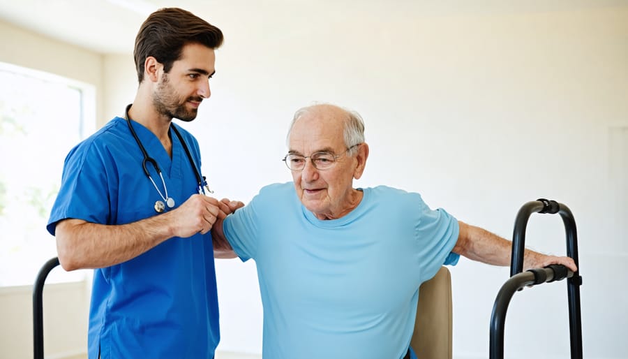 Healthcare professional guiding a person with Parkinson's through physical therapy exercises