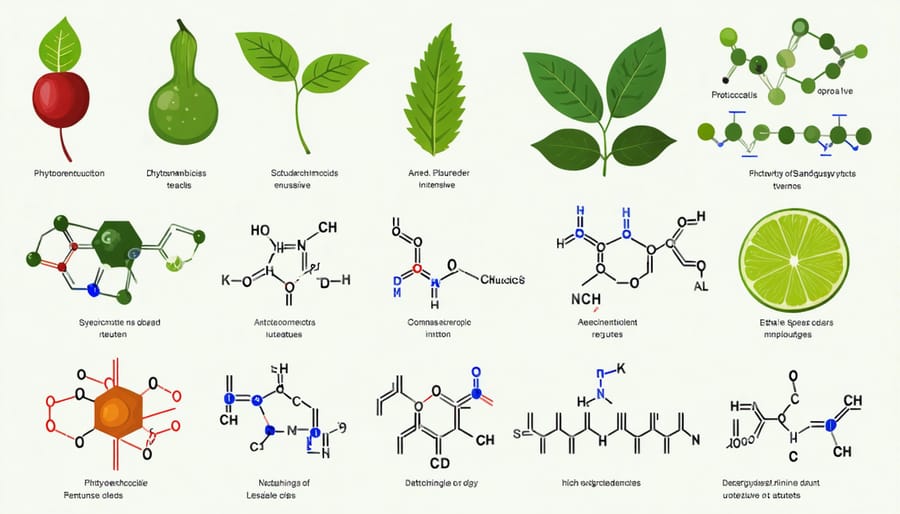 Diagram of various phytochemical molecules including flavonoids, carotenoids, and anthocyanins