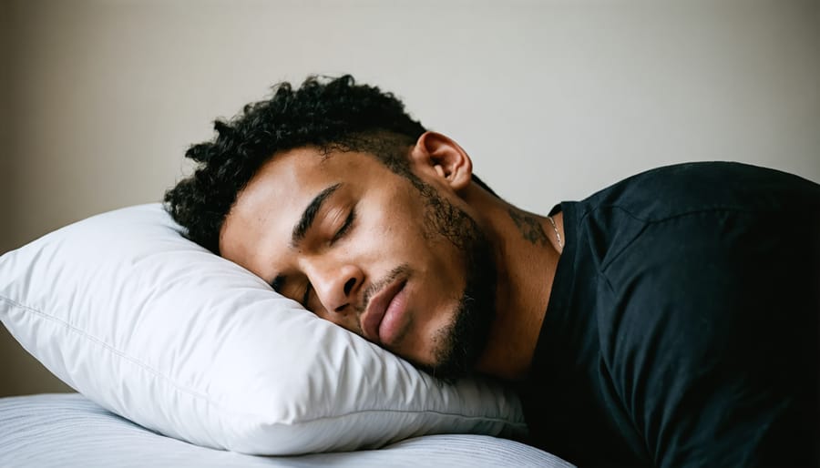 Side view of person sleeping with misaligned neck posture on pillow