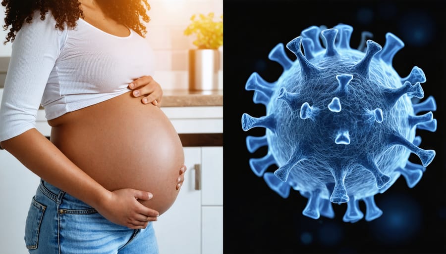 Pregnant woman wearing mask, washing hands, and maintaining social distance in healthcare setting