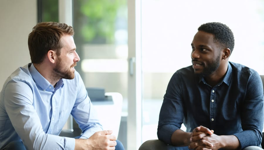 Professional counseling session showing empathetic interaction between therapist and male client