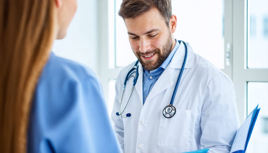 Healthcare provider discussing reproductive health with male patient in medical office