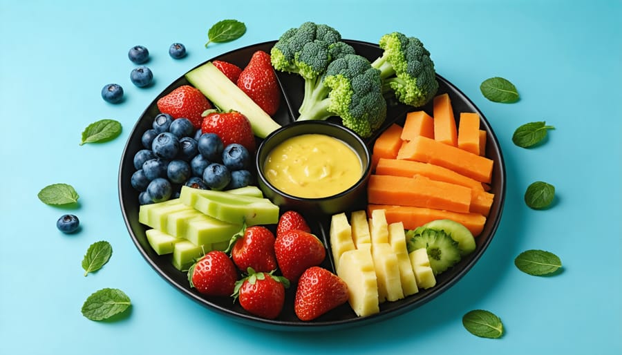 Colorful plate displaying foods beneficial for male reproductive health including nuts, fish, vegetables, and whole grains