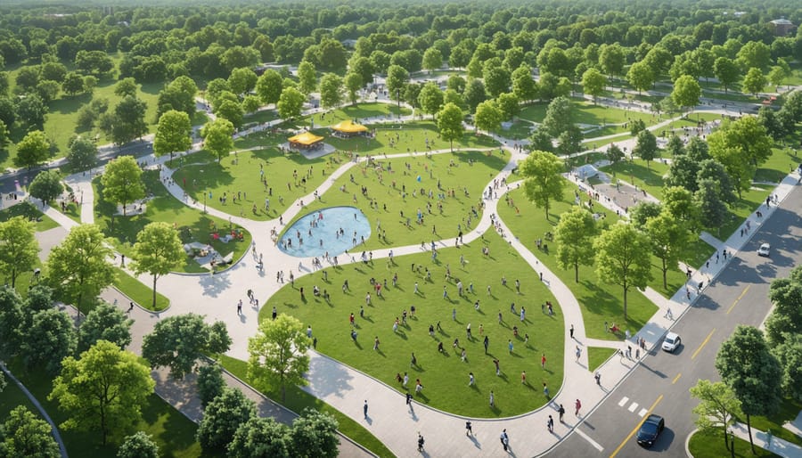 Bird's eye view of a revitalized community park with exercise equipment and walking paths