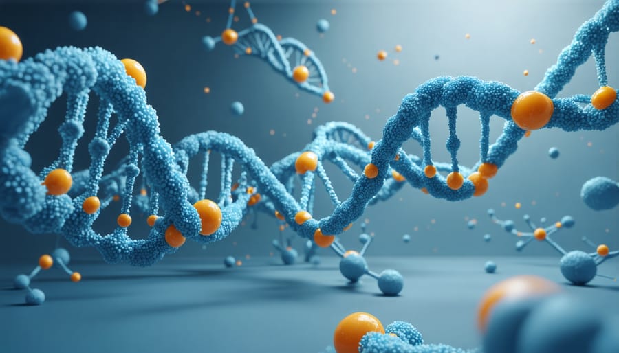 Scientific visualization showing RNA molecules interacting with cellular structures