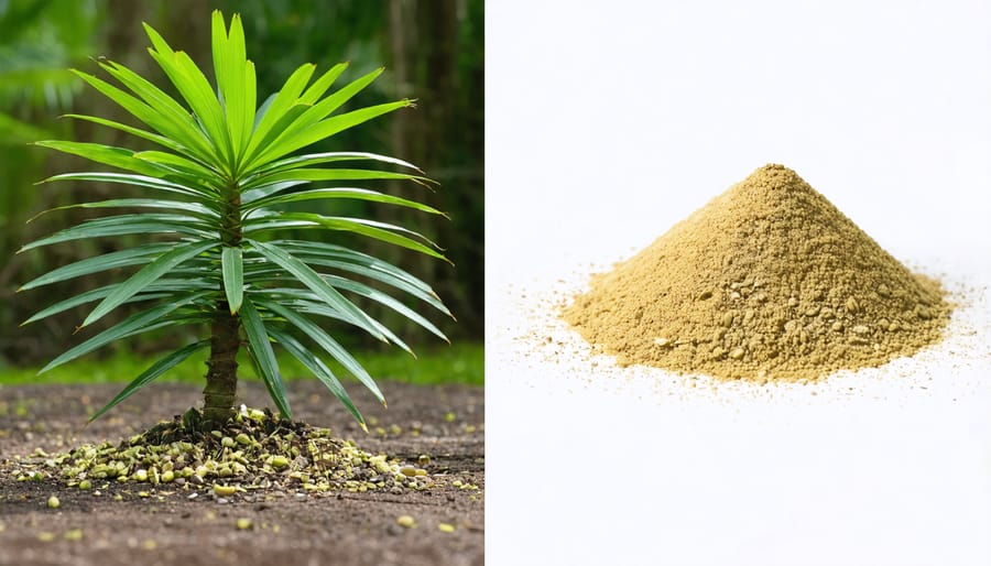 Side-by-side comparison of saw palmetto plant and supplement capsules