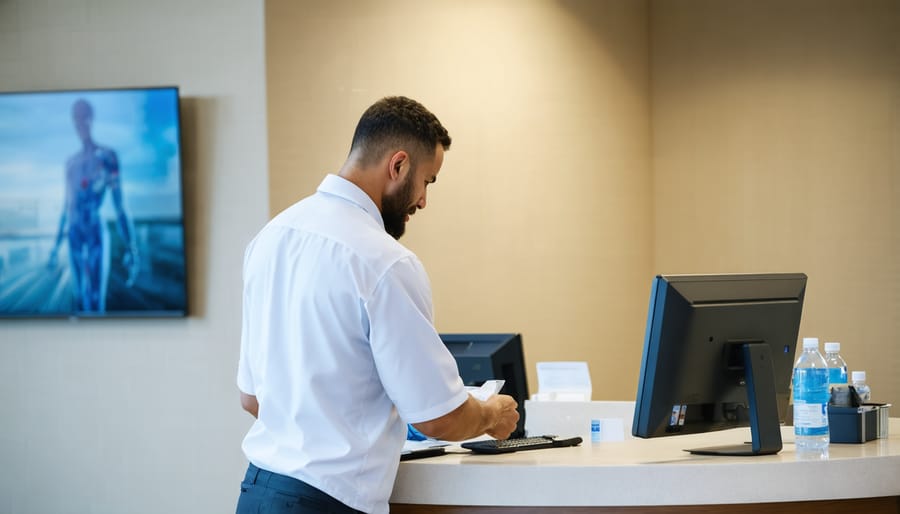 Male patient checking in for preventive health screening appointment