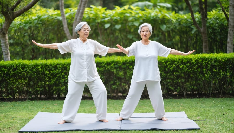 Elderly couple performing balance exercises outdoors