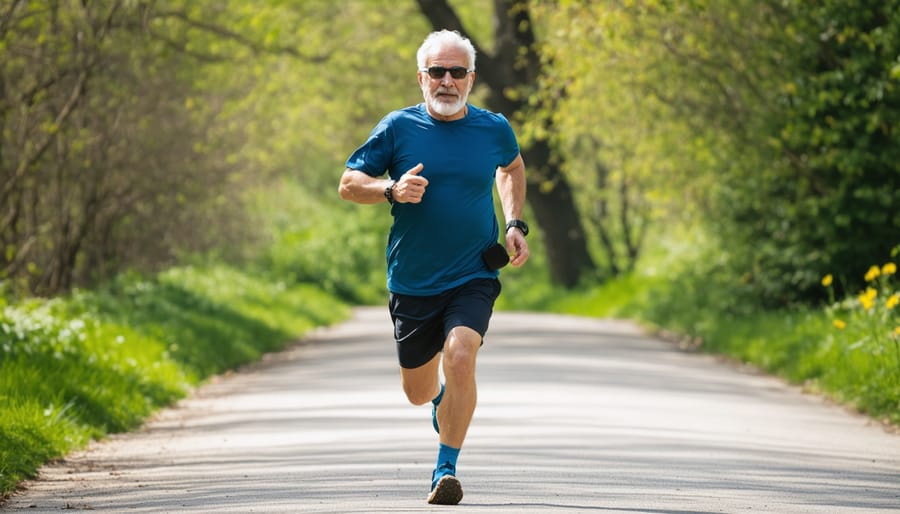 Fit man in his 60s jogging in a park while wearing a fitness tracker