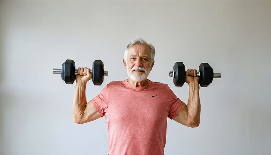 Older adult demonstrating correct strength training technique with dumbbells