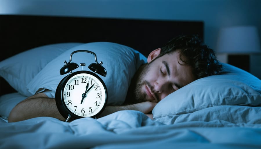 Person experiencing sleep disruption due to time change, looking at bedside clock