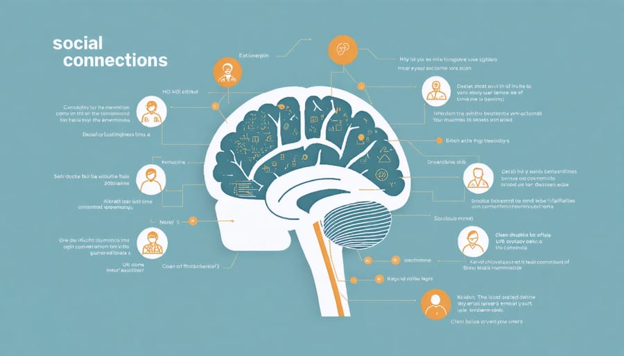 Scientific illustration of the human brain showing areas activated by social interaction