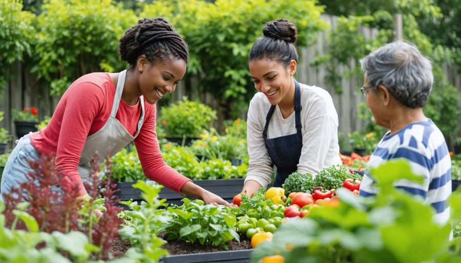 Multicultural group working together in a community garden, showing social connection