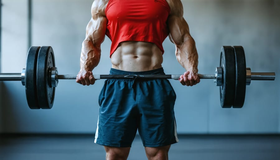 Athletic individual performing deadlift exercise in a gym setting