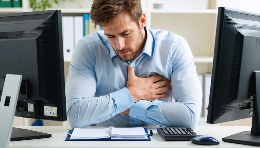 Man experiencing stress-related chest pain at work