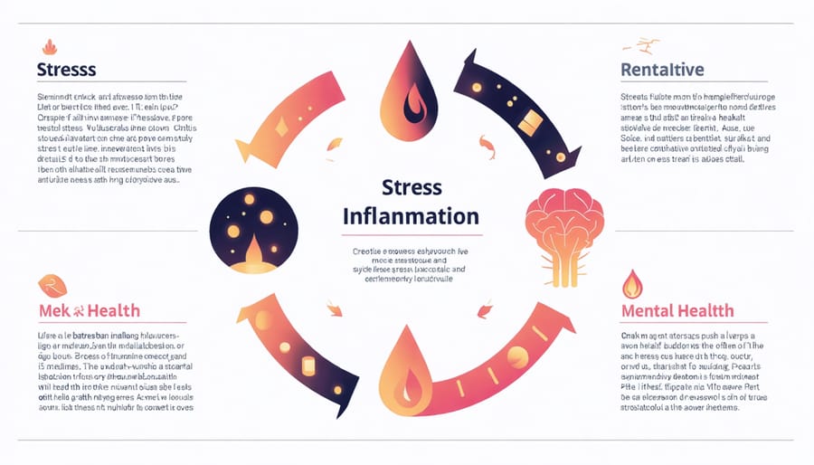 Circular diagram illustrating the connection between stress, inflammation, and mental health symptoms