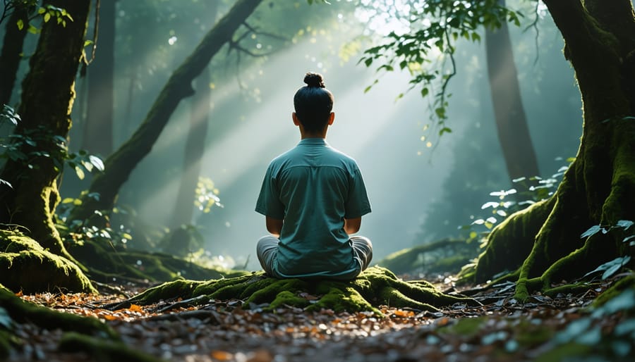 Individual sitting cross-legged in meditation pose on a yoga mat in a serene environment