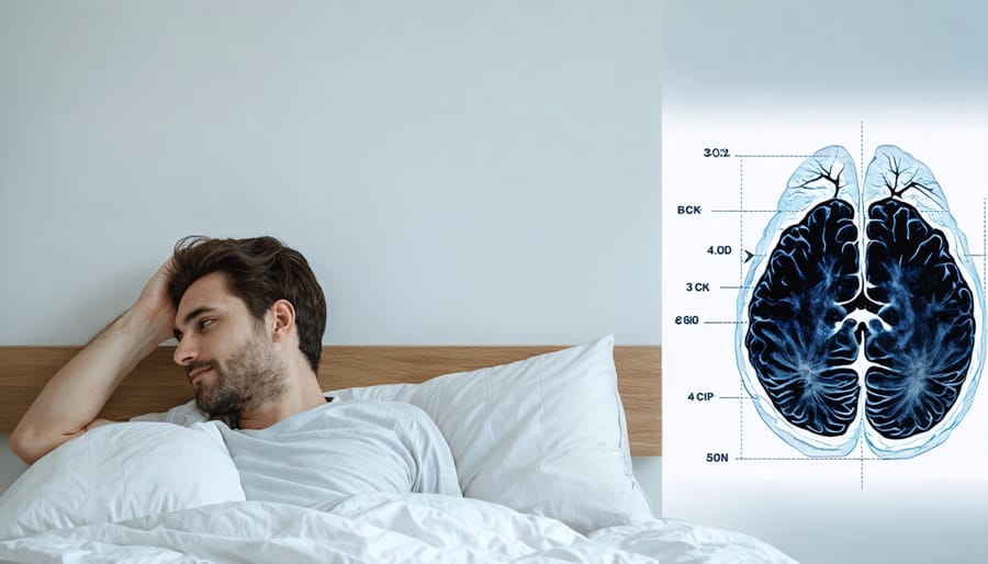 Man experiencing sleep difficulties with brain activity illustration