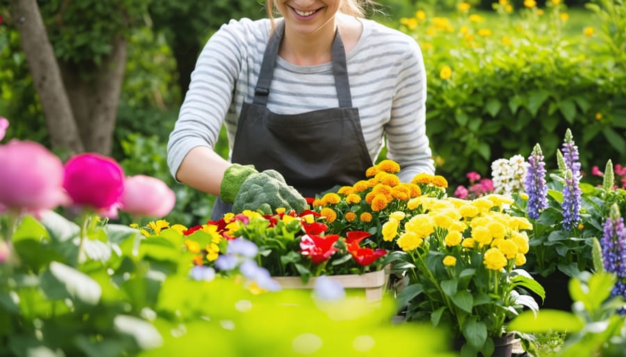 Individual gardening while surrounded by blooming flowers and growing vegetables