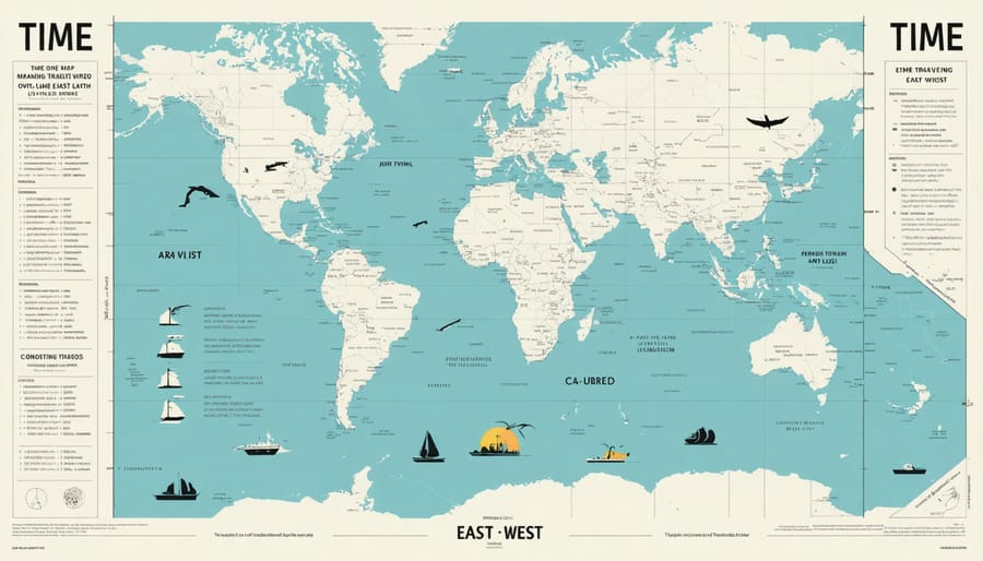 World map with time zones and strategies for managing jet lag based on travel direction