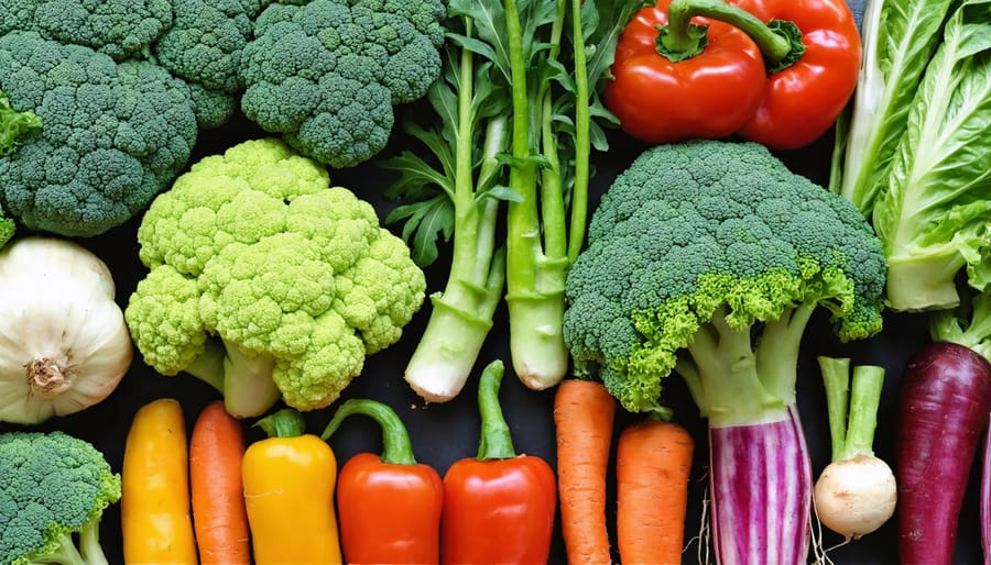 Fresh vegetable display featuring broccoli, kale, carrots, cauliflower, and sweet potatoes