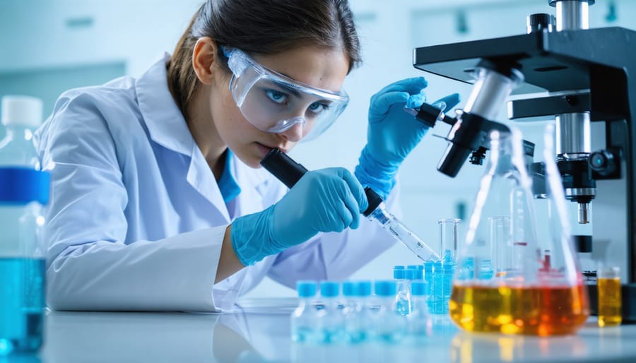 Scientist analyzing viral specimens under a microscope in a biosafety laboratory