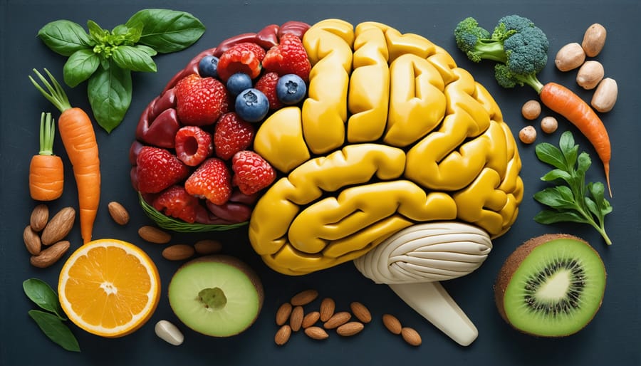 Brain-shaped arrangement of foods rich in mental health supporting vitamins