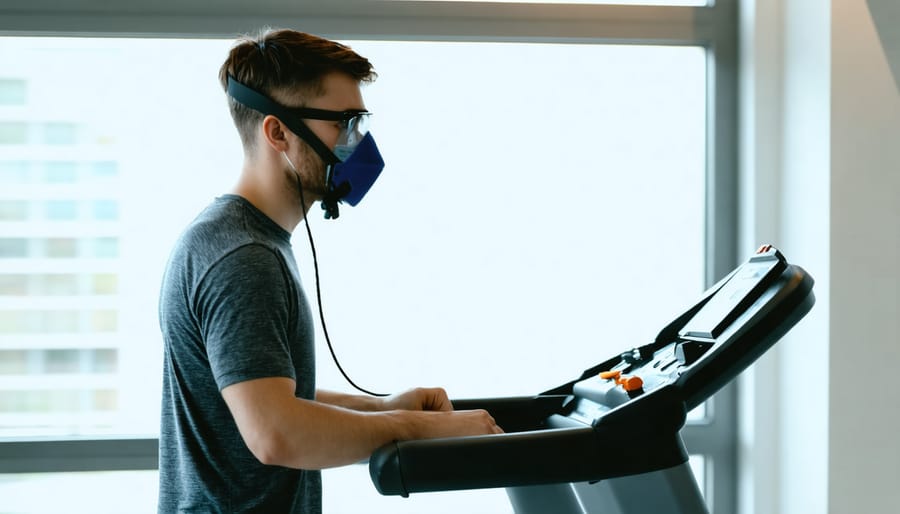 Athlete performing a VO2 max test with breathing mask and heart rate monitors