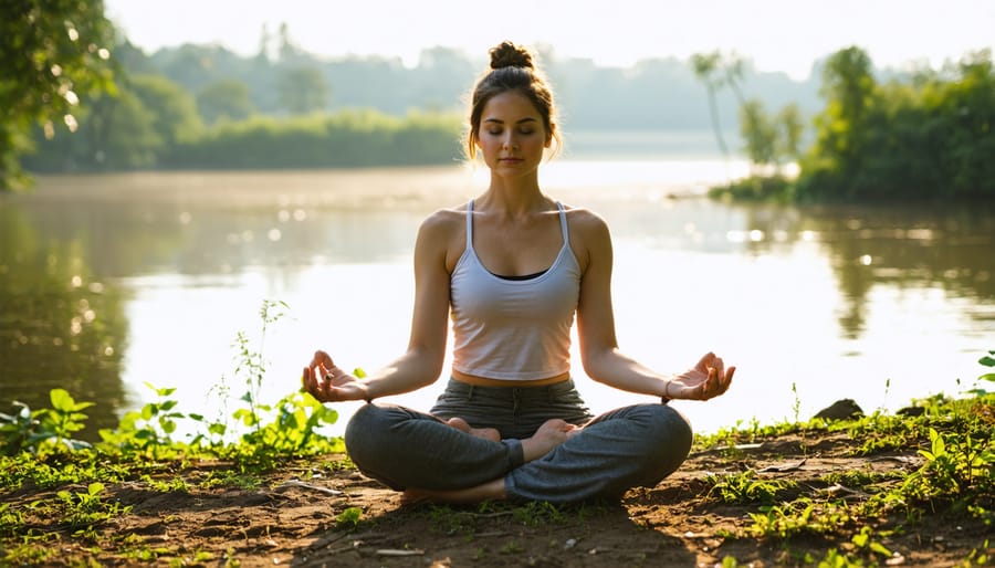 Serene woman sitting cross-legged in nature, practicing meditation and emotional self-care