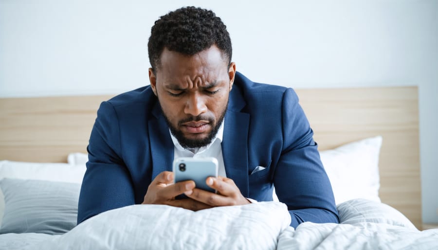 Businessman struggling with work-related stress at bedtime