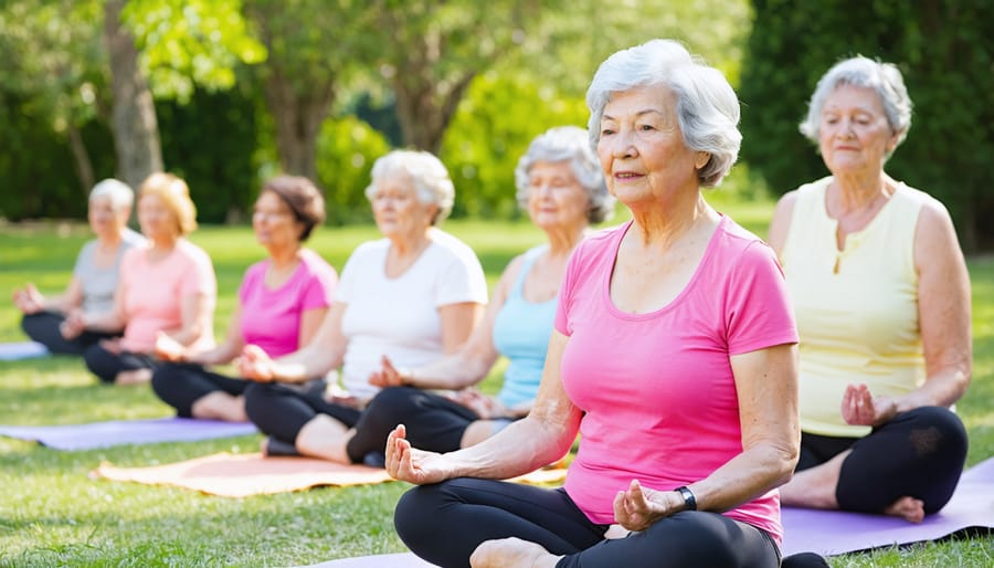 Senior adults of different ages and abilities practicing yoga in a garden setting