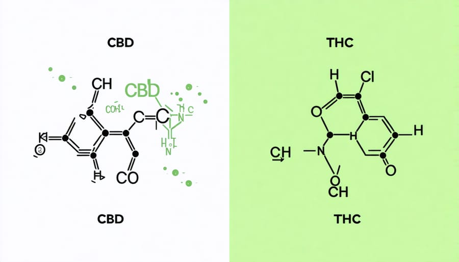 Molecular structure diagrams comparing CBD and THC compounds