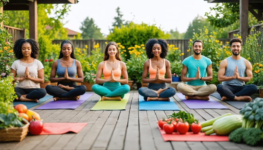 Diverse community members doing yoga poses together in a garden surrounded by fresh produce