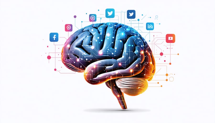 Abstract illustration of human brain connected to various digital platforms and social media networks