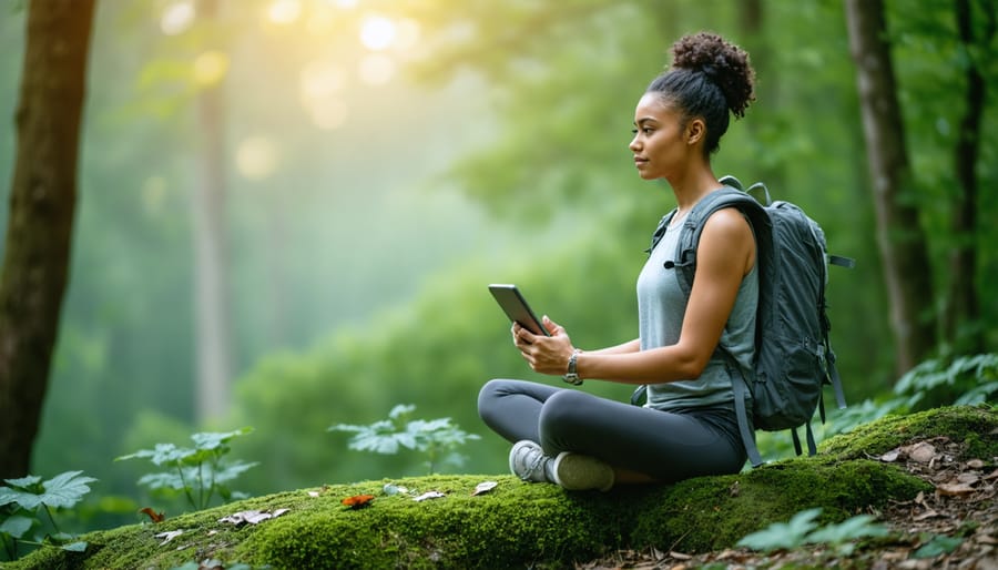 Individual using digital device outdoors while maintaining healthy boundaries with nature