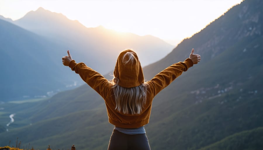 Woman displaying emotional resilience and strength while celebrating on a mountain peak at dawn