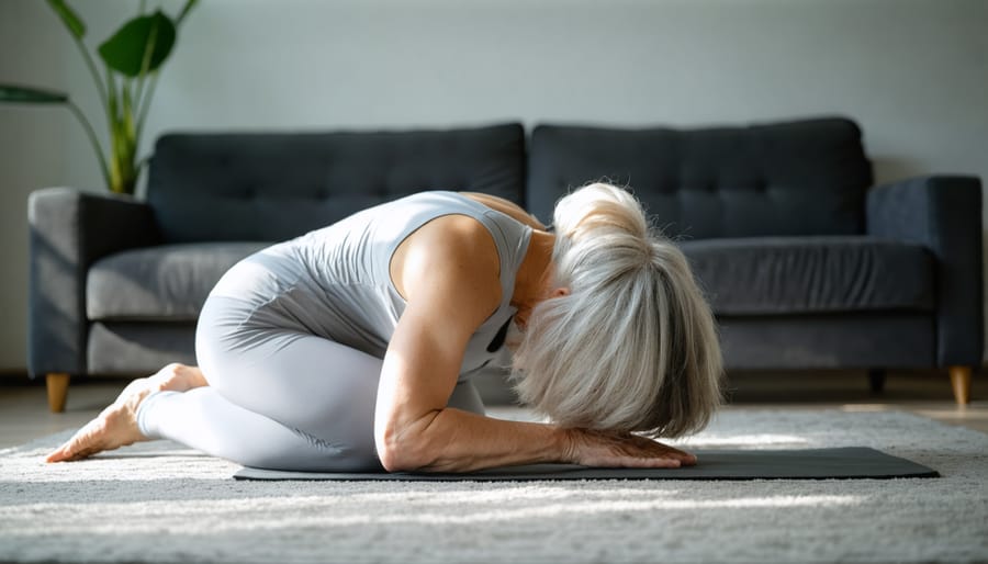 Individual performing gentle stretching exercises on a yoga mat at home