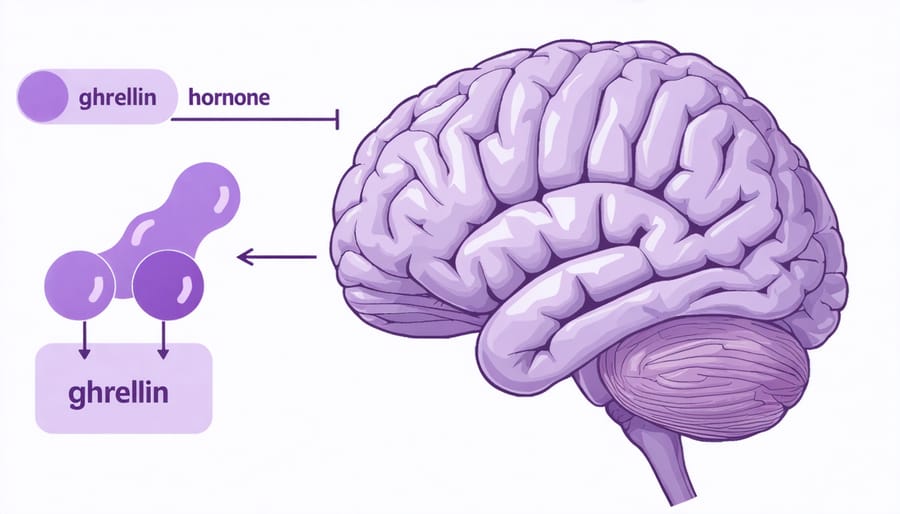 Anatomical illustration of ghrelin's pathway from stomach to brain