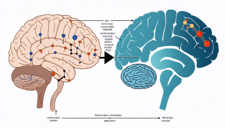 Anatomical diagram showing the connection between gut microbiome and brain through the vagus nerve and chemical signals