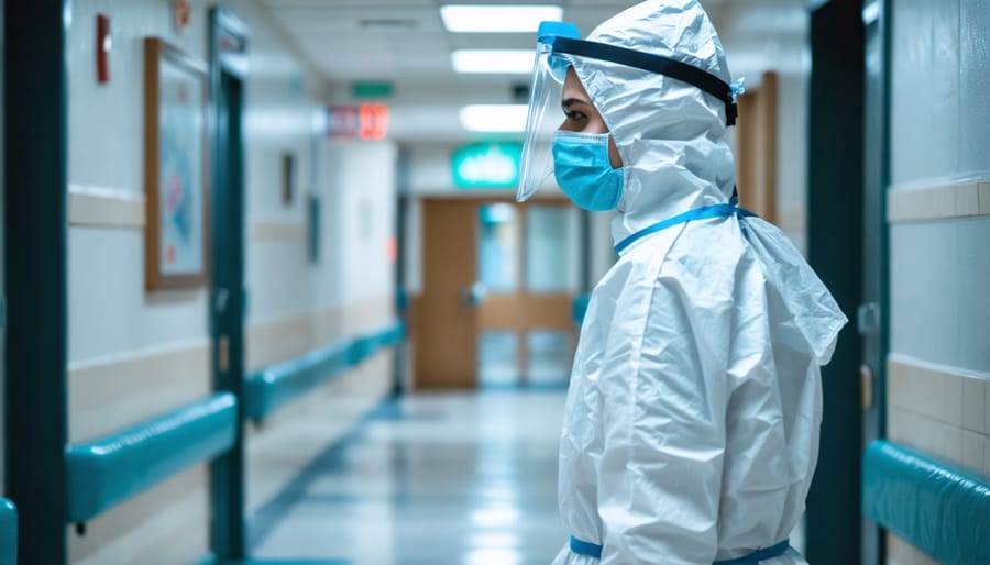 Exhausted medical professional in protective equipment sitting alone in hospital hallway