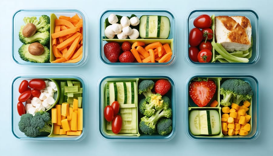 Organized meal preparation containers filled with balanced portions of lean meats, whole grains, and vegetables