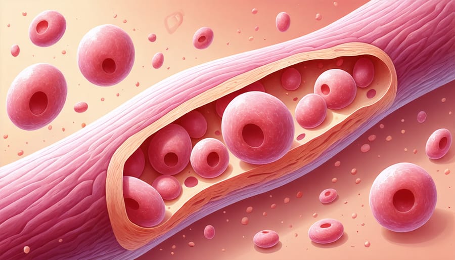 Cross-section diagram of blood vessels showing different types of lipoproteins and cholesterol