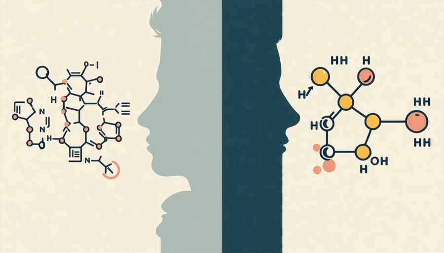 Side-by-side illustration of hormonal changes in aging men and women, showing molecular structures