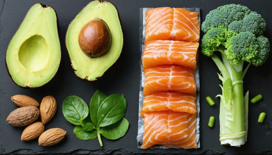 Arranged display of hormone-balancing foods including salmon, avocados, walnuts, and dark leafy vegetables