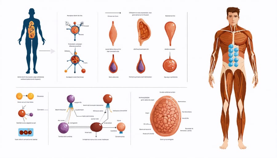 Diagram depicting testosterone, cortisol, and thyroid hormone interactions in the male body